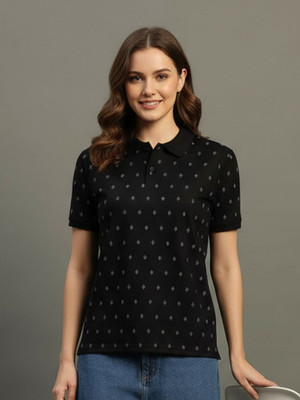 TIMBER HITCH Printed Women Polo Neck Black T-Shirt