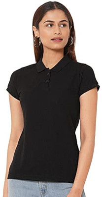 maketin Solid Women Polo Neck Black T-Shirt