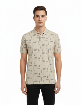 VOMAZO Printed, Typography, Graphic Print Men Polo Neck Beige T-Shirt