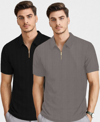 KAJARU Self Design Men Polo Neck Black, Grey T-Shirt