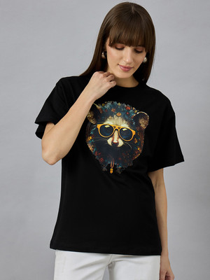 98 Degree North Printed Women Round Neck Black T-Shirt