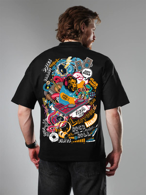 JUST ROAR Printed Men Round Neck Black T-Shirt