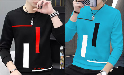 Lieo Trend Printed Men Round Neck Black, Light Blue T-Shirt
