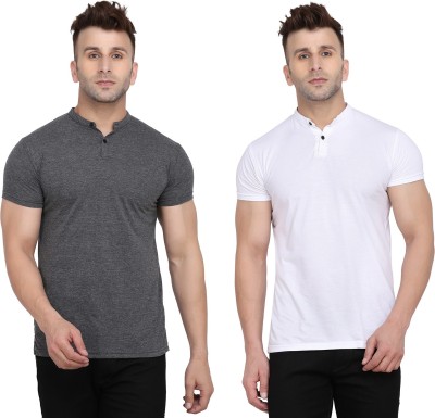 Lawful Casual Solid Men Mandarin Collar White, Grey T-Shirt