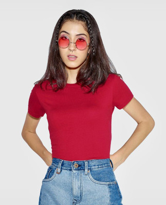 Daggers Solid Women Round Neck Red T-Shirt