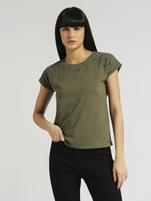 Pepe Jeans Embroidered Women Crew Neck Green T-Shirt