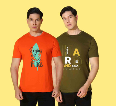 WOOSTRO Typography Men Round Neck Orange, Dark Green T-Shirt