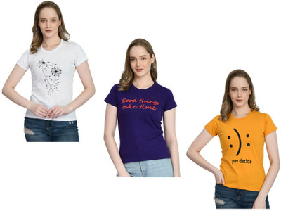 IndiWeaves Printed Women Round Neck White, Purple, Yellow T-Shirt