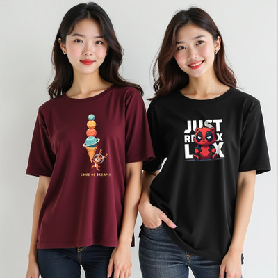 INFIRAX Graphic Print Women Round Neck Maroon, Black T-Shirt