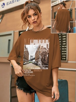 CHKOKKO Printed, Typography Women Round Neck Brown T-Shirt