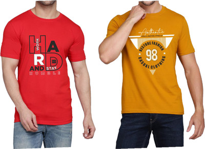 WOOSTRO Printed Men Round Neck Red, Brown T-Shirt