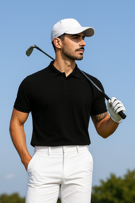 GROHOOD Solid Men Polo Neck Black T-Shirt