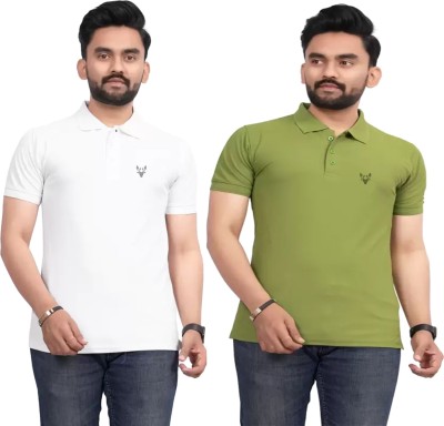 JH MART Solid Men Polo Neck Green, White T-Shirt