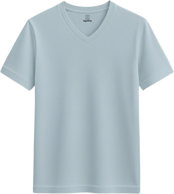 HypeDrip Solid Men V Neck Light Blue T-Shirt