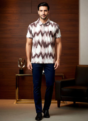 Red Pigeon Printed Men Polo Neck Brown, White T-Shirt