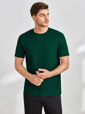 Nilan Impex Solid Men Round Neck Dark Green T-Shirt