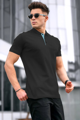 KELONBRO Solid Men Polo Neck Black T-Shirt