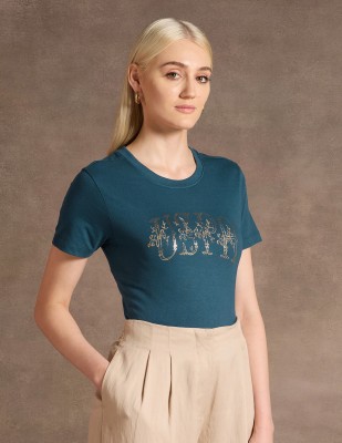 U.S. POLO ASSN. Self Design Women Crew Neck Blue T-Shirt