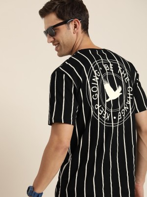 HERE&NOW Striped Men Round Neck Black T-Shirt