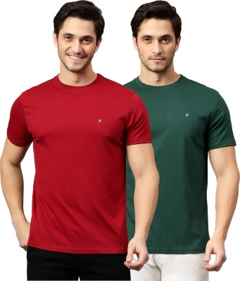 TEEX Solid Men Round Neck Dark Green, Maroon T-Shirt