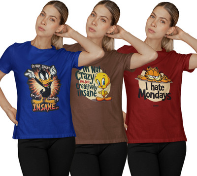 Stylewill Graphic Print Women Round Neck Blue, Brown, Maroon T-Shirt