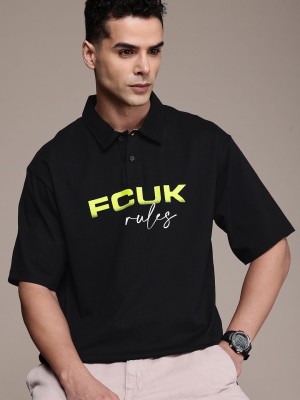 FCUK Printed Men Polo Neck Black T-Shirt