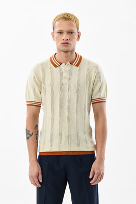Snitch Self Design Men Polo Neck Beige T-Shirt
