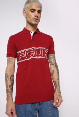 French Connection Typography Men Polo Neck Red T-Shirt