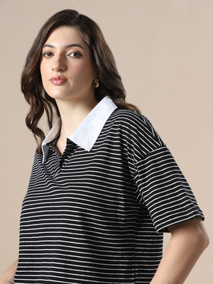 Globus Striped Women Polo Neck White, Black T-Shirt