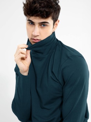 EyeBogler Solid Men Turtle Neck Dark Green T-Shirt