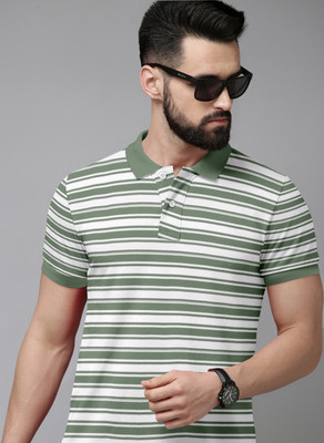 METRONAUT Striped Men Polo Neck Light Green, White T-Shirt