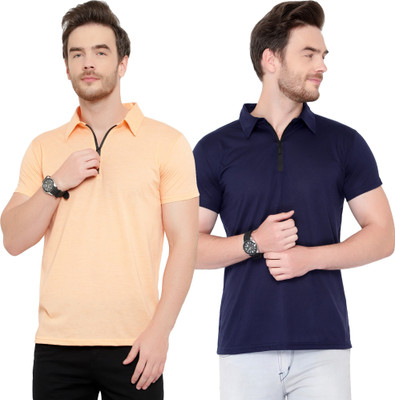 Moordale Fab Solid Men Polo Neck Dark Blue, Beige T-Shirt