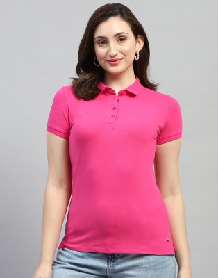 MONTE CARLO Solid Women Polo Neck Pink T-Shirt