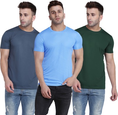 TQH Solid Men Round Neck Light Blue, Dark Green, Grey T-Shirt