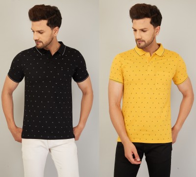 We Perfect Printed Men Polo Neck Black, Yellow T-Shirt
