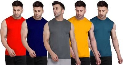 Think Tech Solid Men Round Neck Red, Dark Blue, Grey, Yellow, Blue T-Shirt