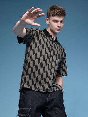 HERE&NOW Printed Men Polo Neck Grey, Black T-Shirt
