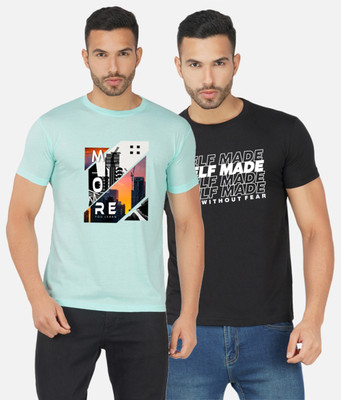 GLOBAL NOMAD Printed Men Round Neck Light Blue, Black T-Shirt