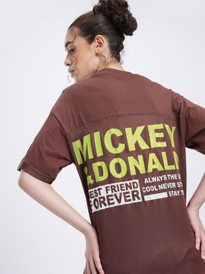 Glitchez Printed Women Round Neck Brown T-Shirt