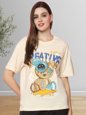 GLOBAL NOMAD Graphic Print Women Round Neck Beige T-Shirt