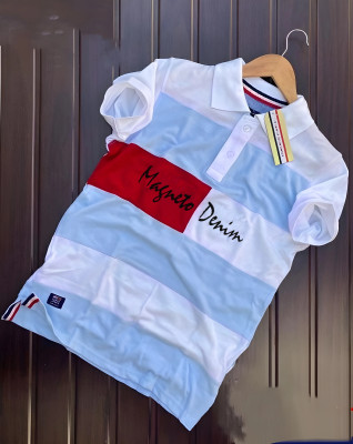 Velvawear Colorblock Men Polo Neck White, Blue T-Shirt