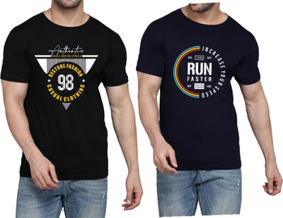 WOOSTRO Printed Men Round Neck Black, Navy Blue T-Shirt