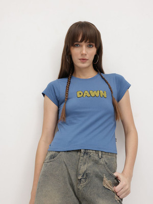 Roadster Printed Women Round Neck Blue T-Shirt