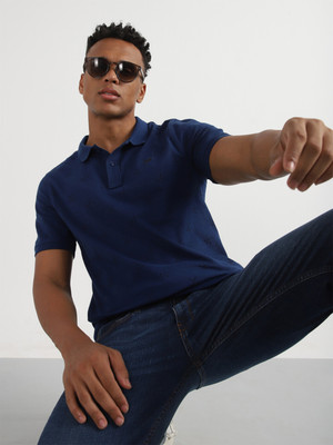 LEE Solid Men Polo Neck Blue T-Shirt