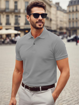 Leotude Solid Men Polo Neck Grey T-Shirt