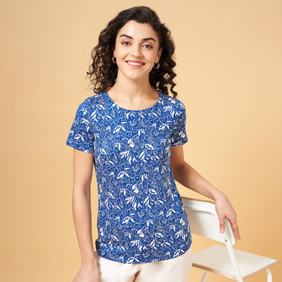 Honey By Pantaloons Printed Women Round Neck Dark Blue T-Shirt