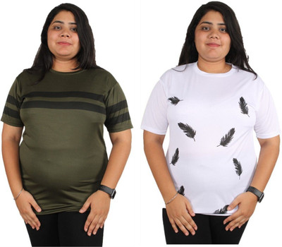 Oishee Printed Women Round Neck Dark Green, White T-Shirt