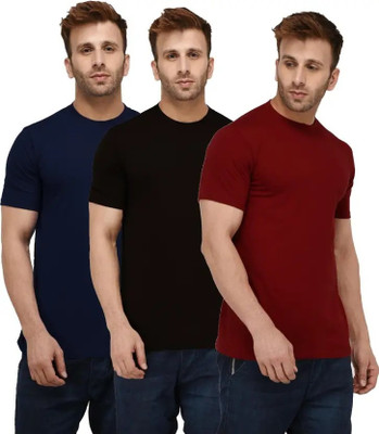Brainbees Solid Men Round Neck Maroon, Black, Dark Blue T-Shirt