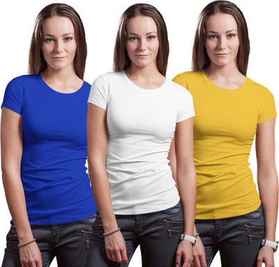 Stylewill Solid Women Round Neck Blue, White, Yellow T-Shirt