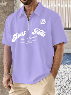 Jump Cuts Printed Men Polo Neck Purple T-Shirt